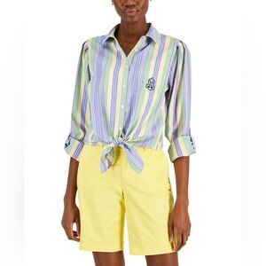 TOMMY HILFIGER Women's Cotton Striped Tied Roll-tab Shirt In Spinner